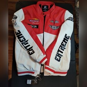 NWT Refinery Republic Leather Racer Jacket Red/Cream Sz Med